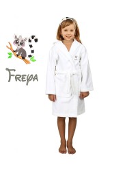 Grey Lemur Cartoon Design & Custom Name Embroidery on Kids Hooded Bathrobe